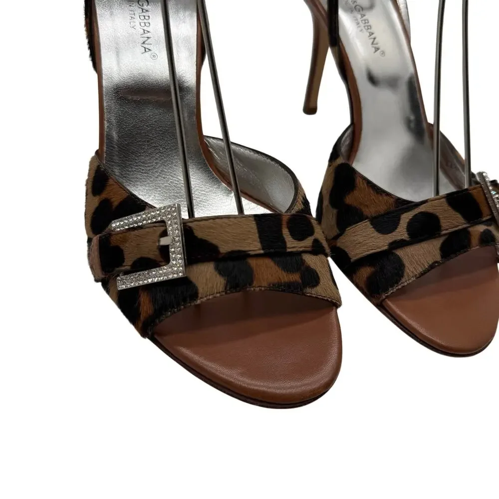 Dolce & Gabbana Leopard Calf Hair Rhinestone Buckle Strappy Heels 37.5 Y2K 2000s